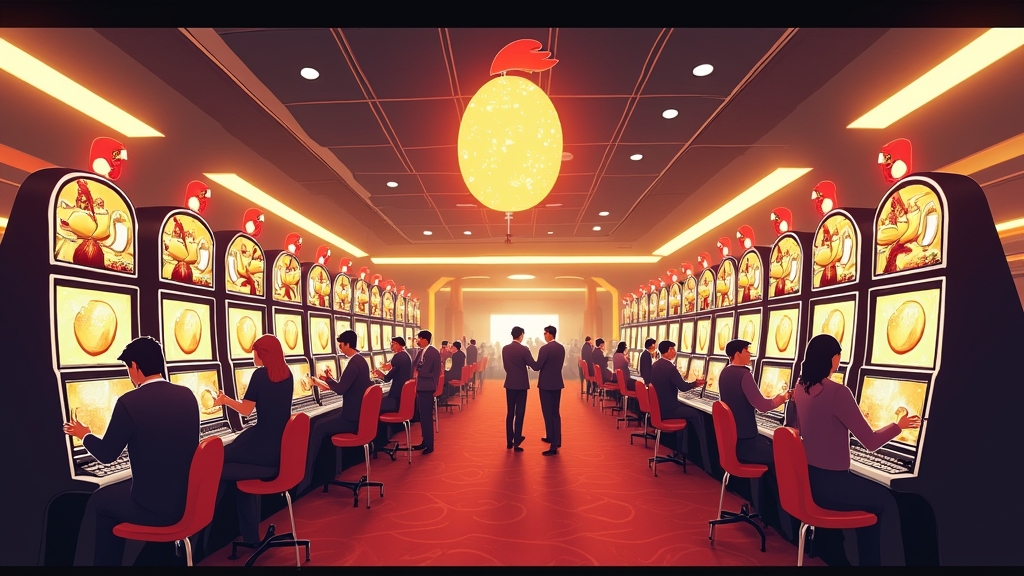 Vibrant casino scene with Chicken Rush slot machines