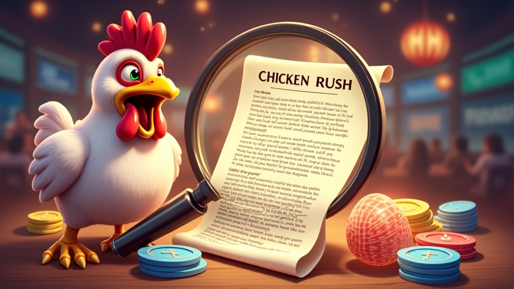 Inspection of Chicken Rush bonus terms using magnifying glass