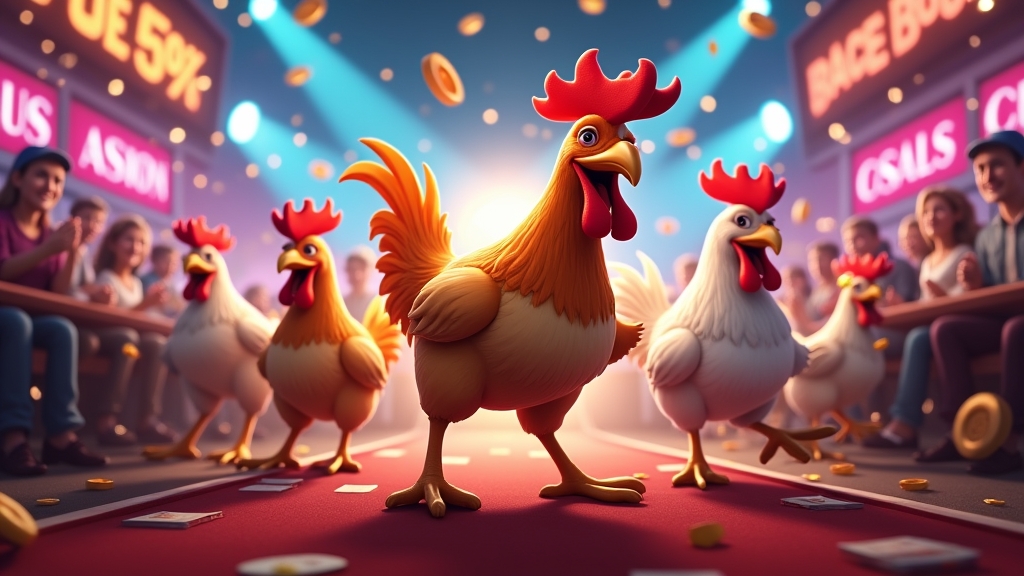 Vibrant casino games scene with cheerful chickens