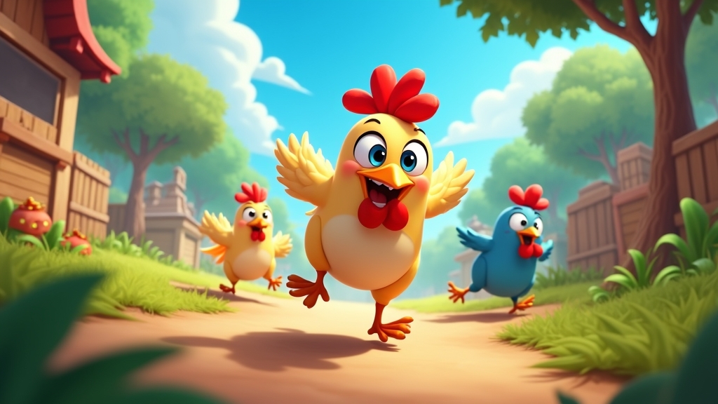 Vibrant Chicken Rush gameplay with colorful characters